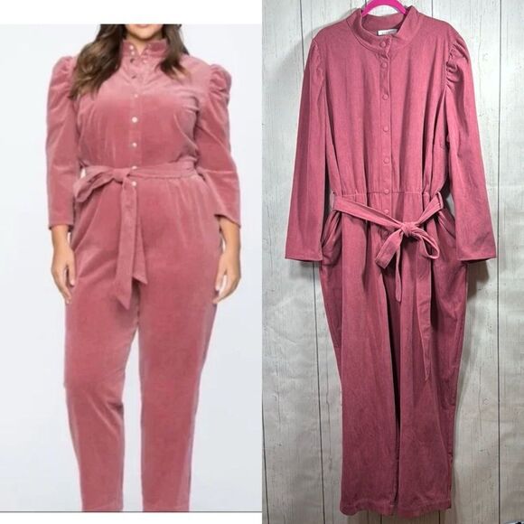 Eloquii Elements Pink Corduroy Belted Jumpsuit Size 28 Plus Size Fall Winter - Picture 1 of 16